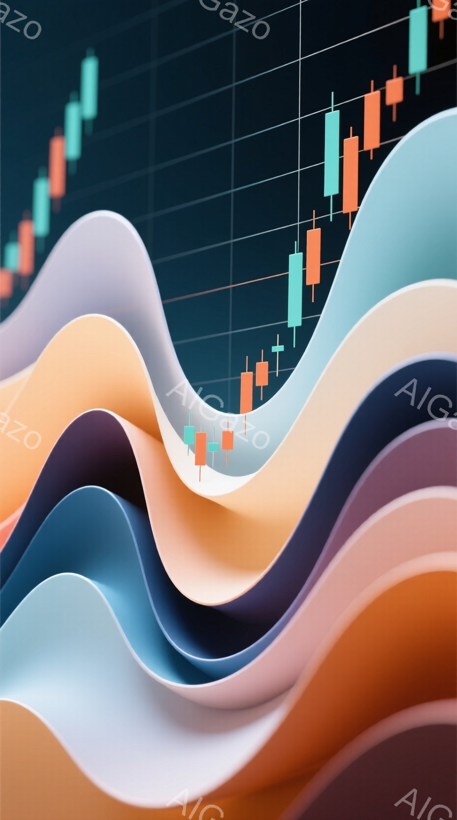 滑らかな曲線が重なり合い、まるで波のような抽象的な構図が広がっています。背景には、金融チャートのような棒グラフが並び、上昇トレンドを示しています。全体的に柔らかい色調と滑らかな質感で、洗練されたモダンな雰囲気を醸し出しています。