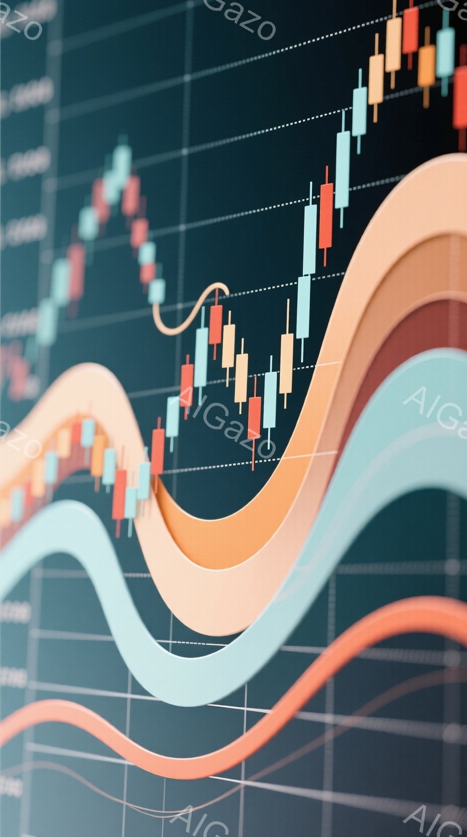 この画像は、株式市場のチャートを背景にした、３本の曲線的な帯の抽象的な表現です。帯はオレンジ、水色、そしてやや薄いオレンジ色をしており、互いに絡み合いながら視覚的な動きを生み出しています。チャートは青みがかったグレーの背景に白い線で構成されており、上昇と下降を示す棒グラフが並んでいます。