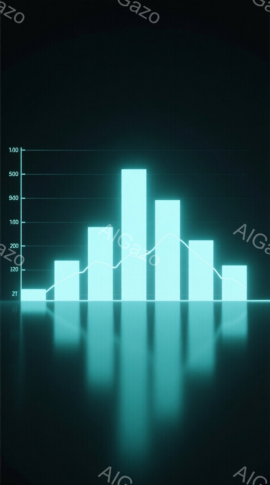 この画像は、明るい水色の棒グラフが並んだ様子を捉えたものです。グラフは光沢のある反射面の上に立っており、未来的な雰囲気を感じさせます。全体的に青みがかった暗い背景がグラフを際立たせ、データの視覚化に焦点を当てています。