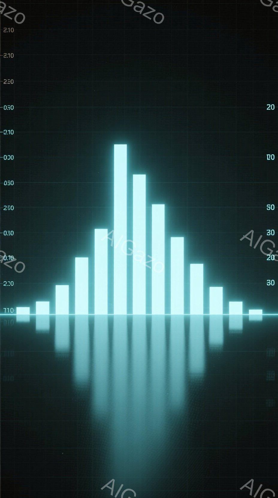 鮮やかな青色の棒グラフが、暗い背景に浮かび上がっています。棒の高さは異なり、中央に向かって最も高くなるように配置されており、まるで音波のような視覚的表現を作り出しています。全体的に、未来的でミニマルな印象を与える画像です。