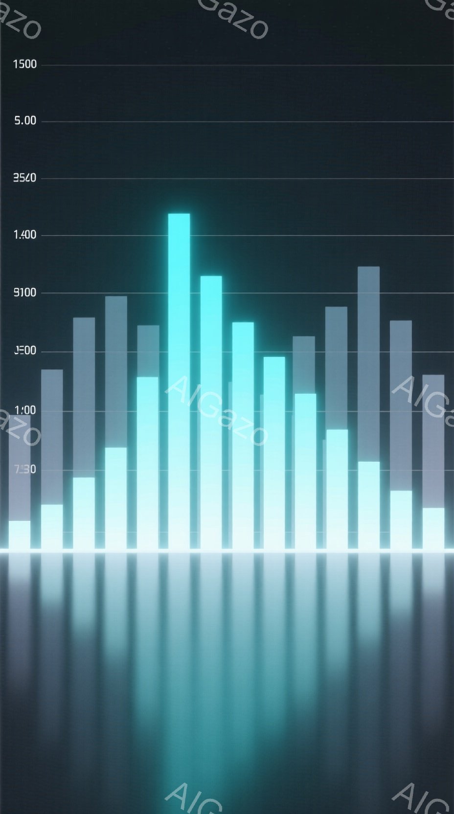 この画像は、垂直方向に伸びる棒グラフの集合を表しています。それぞれの棒は異なる高さで、青緑色から灰色までのグラデーションが適用されています。暗い背景が、グラフを際立たせ、全体として現代的でデータ視覚化を想起させる雰囲気を作り出しています。