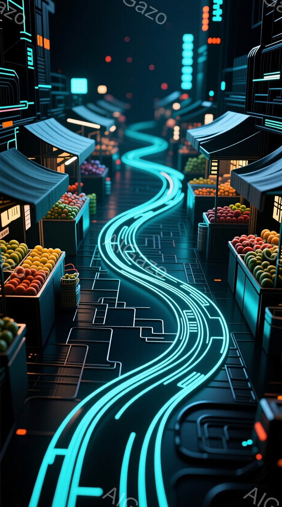 この画像は、未来都市の市場を俯瞰した様子を表しています。左右に並ぶ屋台には、カラフルな果物が積み上げられ、ネオンライトが輝く回路のような道が中央を蛇行しています。全体的に、鮮やかな色彩と未来的なデザイ - AI生成フリー素材