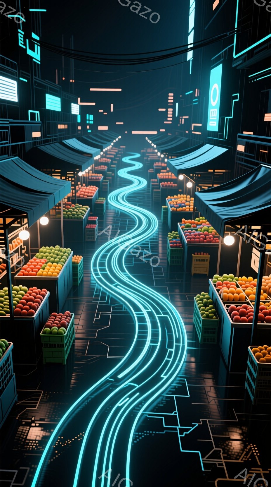 未来都市の市場が、暗い路面にネオンライトのラインで照らされている様子が描かれている。両脇には、赤や緑の果物が積み重ねられた木箱が並び、市場の活気を表現している。背景には高層ビル群がそびえ立ち、未来的な都市景観と市場の対比が印象的である。