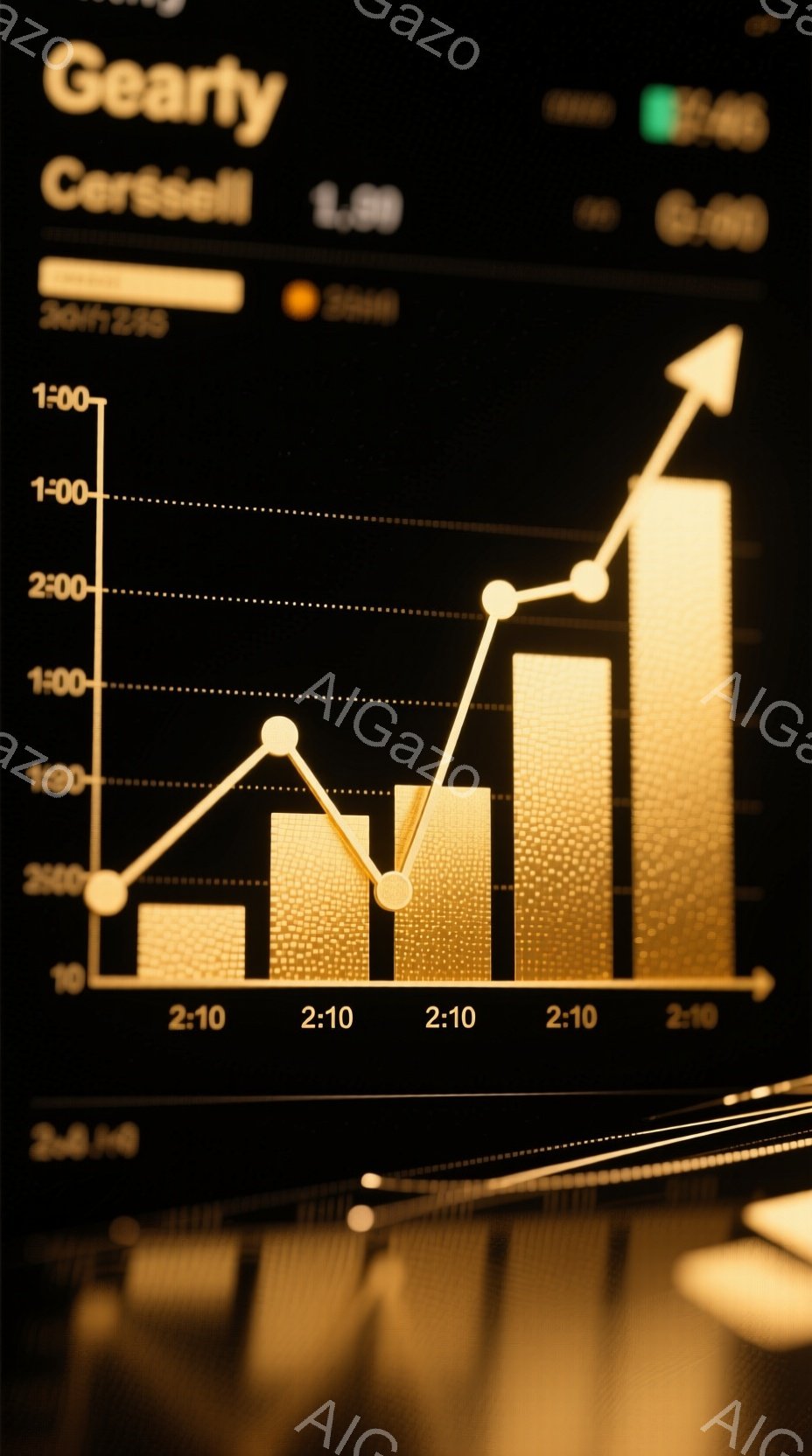 この画像は、株価チャートのクローズアップです。棒グラフが複数並び、右肩上がりの線が成長を示しています。背景は暗く、データの重要性とポジティブなトレンドを強調しています。