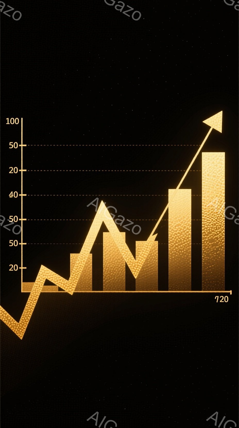 この画像は、金色の棒グラフが複数並んだ抽象的な表現です。グラフは上昇傾向を示し、背景は暗い色調で、まるで夜空のように見えます。グラフの質感は金属的で、光が反射しているように見え、全体的に力強く躍動感のある印象を与えます。