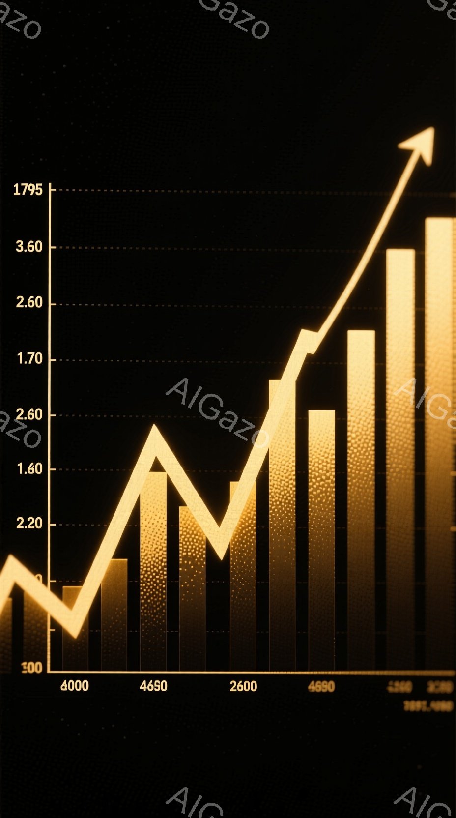 この画像は、暗い背景に黄金色の棒グラフと折れ線グラフが描かれたものです。棒グラフは様々な高さで、折れ線グラフは右肩上がりの傾向を示し、全体的に経済成長や市場のトレンドを示す視覚的な表現となっています。数字のラベルが下部に配置され、グラフの解釈を助けています。