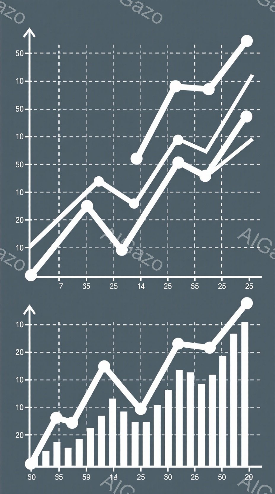 この画像は、複数の線グラフが描かれた背景に、様々な数字が配置された図です。線グラフはそれぞれ異なる傾斜と方向性を示しており、数字はグラフの交差点や線に沿って配置されています。全体的に、データや分析、成 - AI生成フリー素材