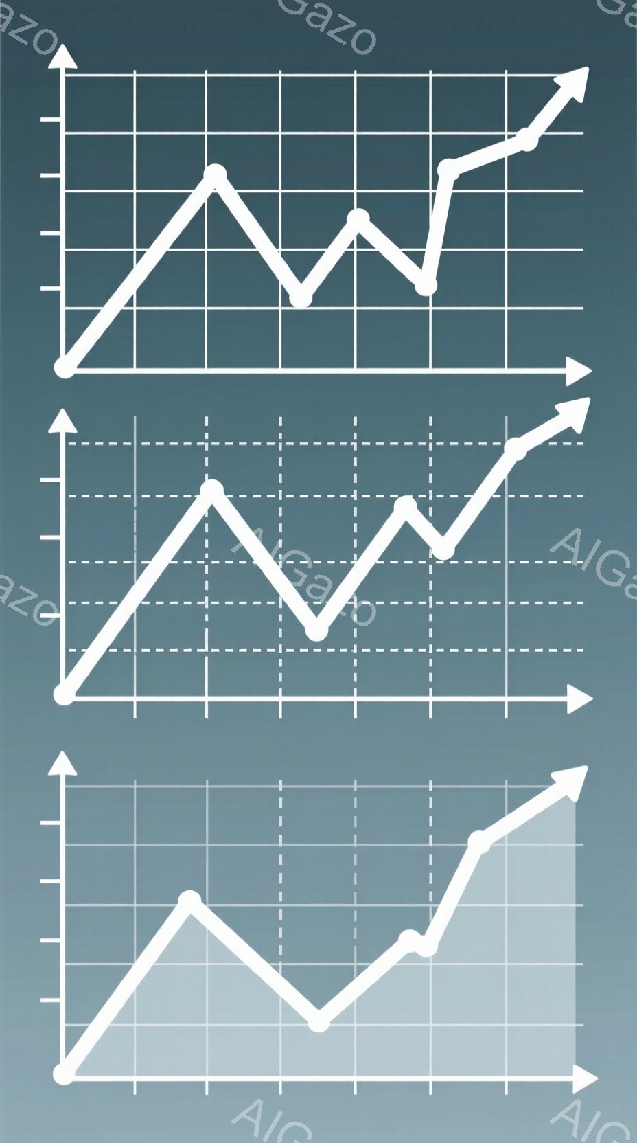 画像は、X軸とY軸を持つグラフが3つ並んだものです。それぞれのグラフは、白線で描かれた折れ線グラフで、徐々に上昇または下降しています。背景は、濃い青から薄い青へとグラデーションがかかっており、全体的にシンプルでデータ分析やビジネスの視覚化を想起させる雰囲気です。