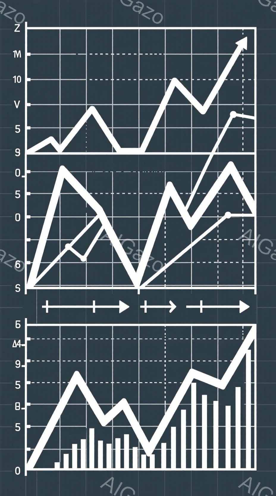 この画像は、複数の線グラフと棒グラフが組み合わさった図です。線グラフは、徐々に上昇または下降するパターンを示しており、互いに交差しています。背景はグリッド状になっており、全体的にデータ分析や経済指標を表しているような印象を与えます。