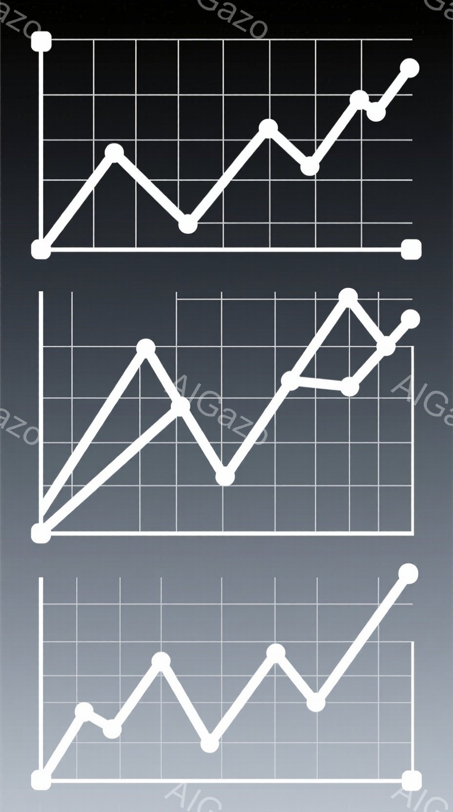 画像には、灰色のグラデーション背景に白い線グラフが3つ並んで描かれています。それぞれのグラフは、X軸とY軸で構成され、線は起伏のあるパターンで描かれ、データの変動を示唆しています。 全体的に、データの可視化や分析を想起させるミニマルで抽象的な表現です。