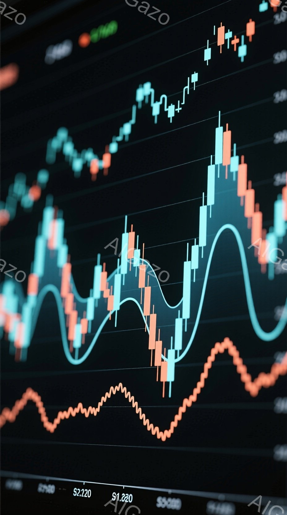 この画像は、金融市場のチャートを表示しており、複数の線グラフが複雑に絡み合っている様子が描かれています。赤と青のキャンドルスティックチャートが主な要素であり、価格変動のパターンを示唆しています。背景は暗く、全体的にダイナミックで市場の変動性を強調する雰囲気です。