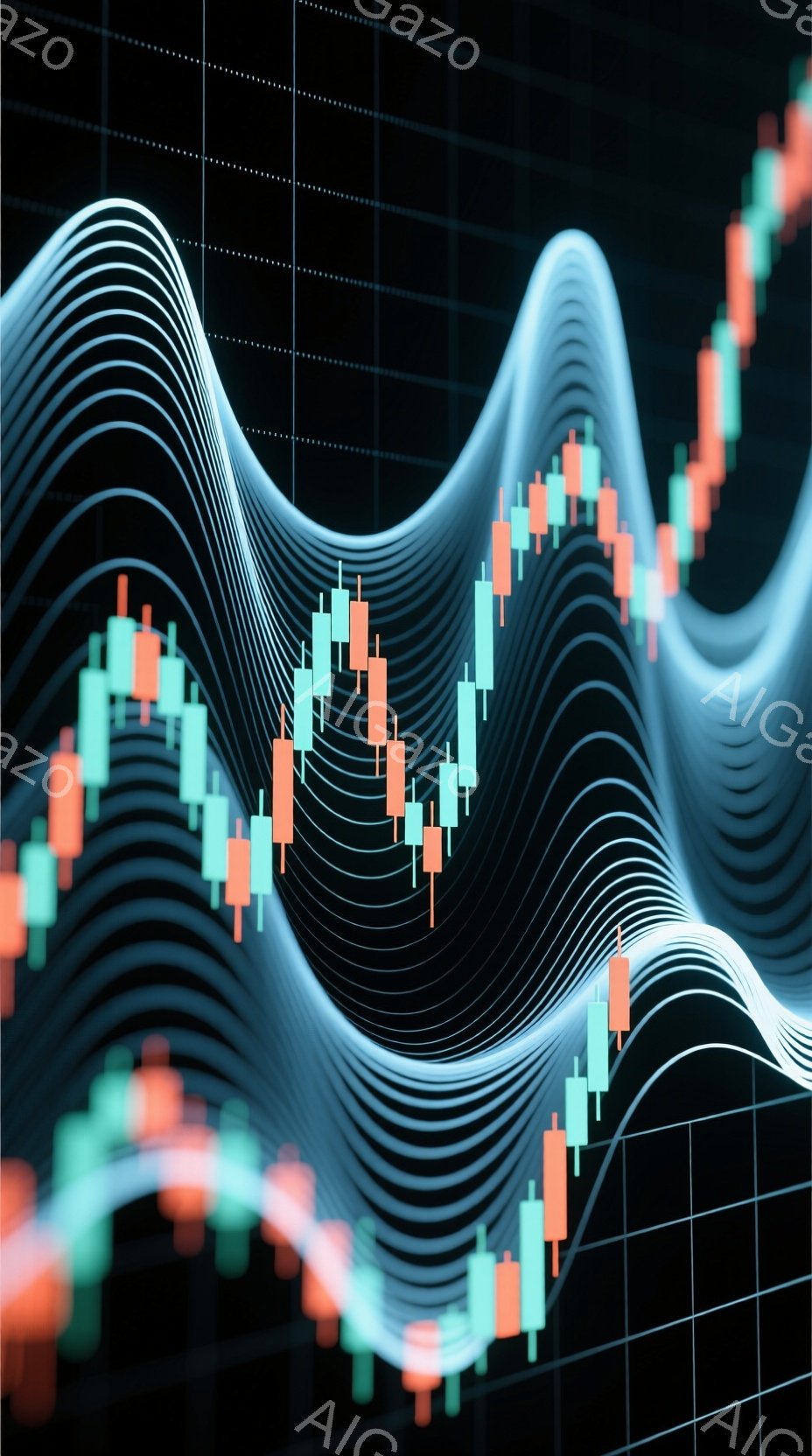 この画像は、暗い背景に浮かぶ、光の線が幾重にも重なり合った抽象的な表現で、まるで波のような曲線を描いています。その曲線に沿って、株価チャートのような小さな棒グラフが並んでおり、緑と赤で色分けされています。全体的に未来的な雰囲気で、金融市場の変動やデータ分析といった概念を視覚的に表現しているように見えます。