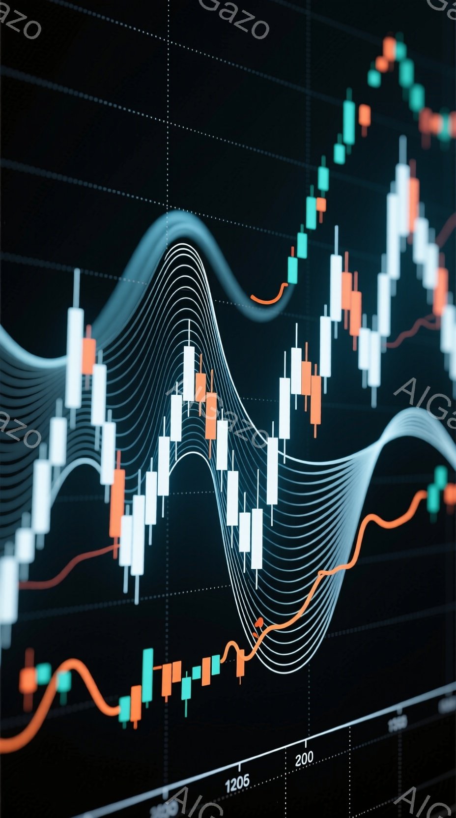 この画像は、金融市場のチャートを表しています。多くの白い線が重なり合い、オレンジと赤の線がその上を曲線的に走っており、緑と白の棒グラフが背景に並んでいます。全体的に、市場の変動やトレンドを視覚的に表現した、ダイナミックで複雑な印象を与えます。