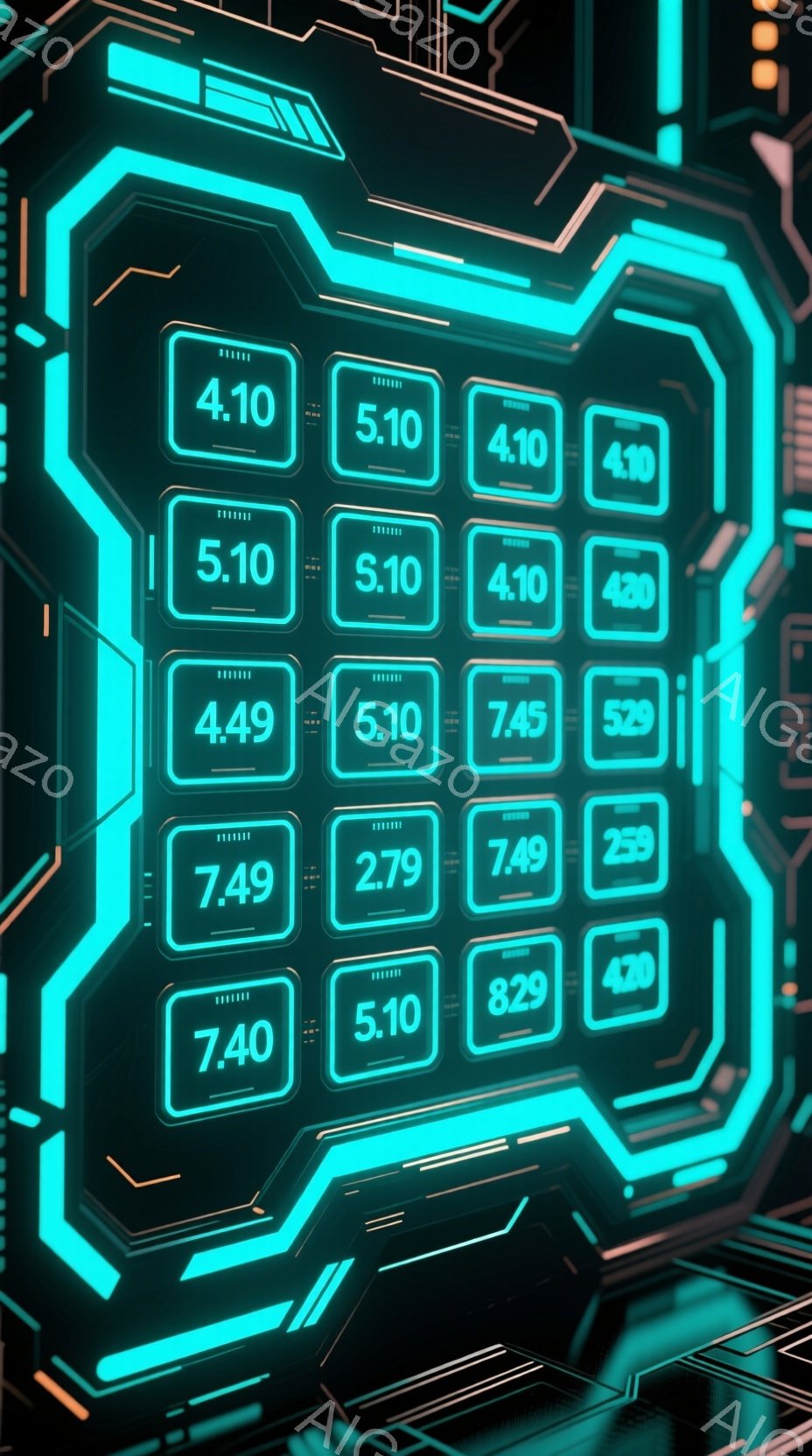 この画像は、ネオンブルーの光る回路基板のような背景に、様々な数値がディスプレイ表示されているものです。各数値は長方形の枠に囲まれ、デジタルなインターフェースや未来的な技術を連想させます。全体的に、高度な科学技術やサイバー空間を表現したデザインと言えます。