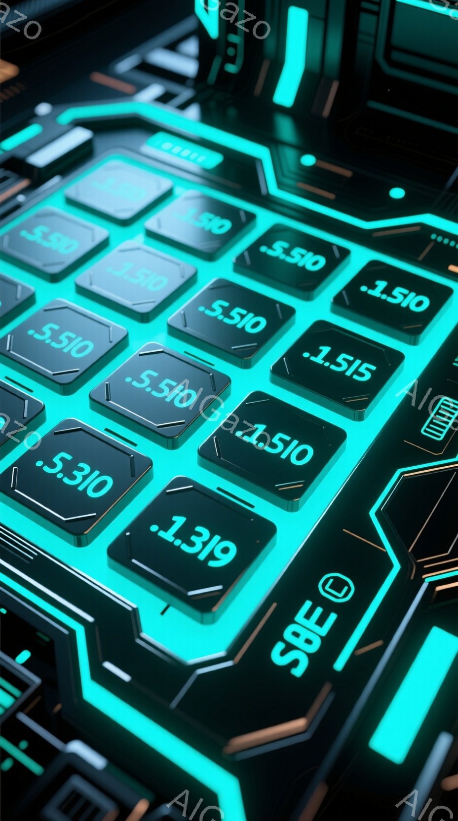 この画像は、未来的な回路基板のような青緑色の背景をクローズアップしたものです。数字と小数点を含むいくつかの四角いボタンが、光沢のある表面に配置されており、複雑な回路パターンが背景を構成しています。全体的に、洗練された技術的な雰囲気があり、SF映画のセットや、高精度のデバイスの内部の様子を連想させます。