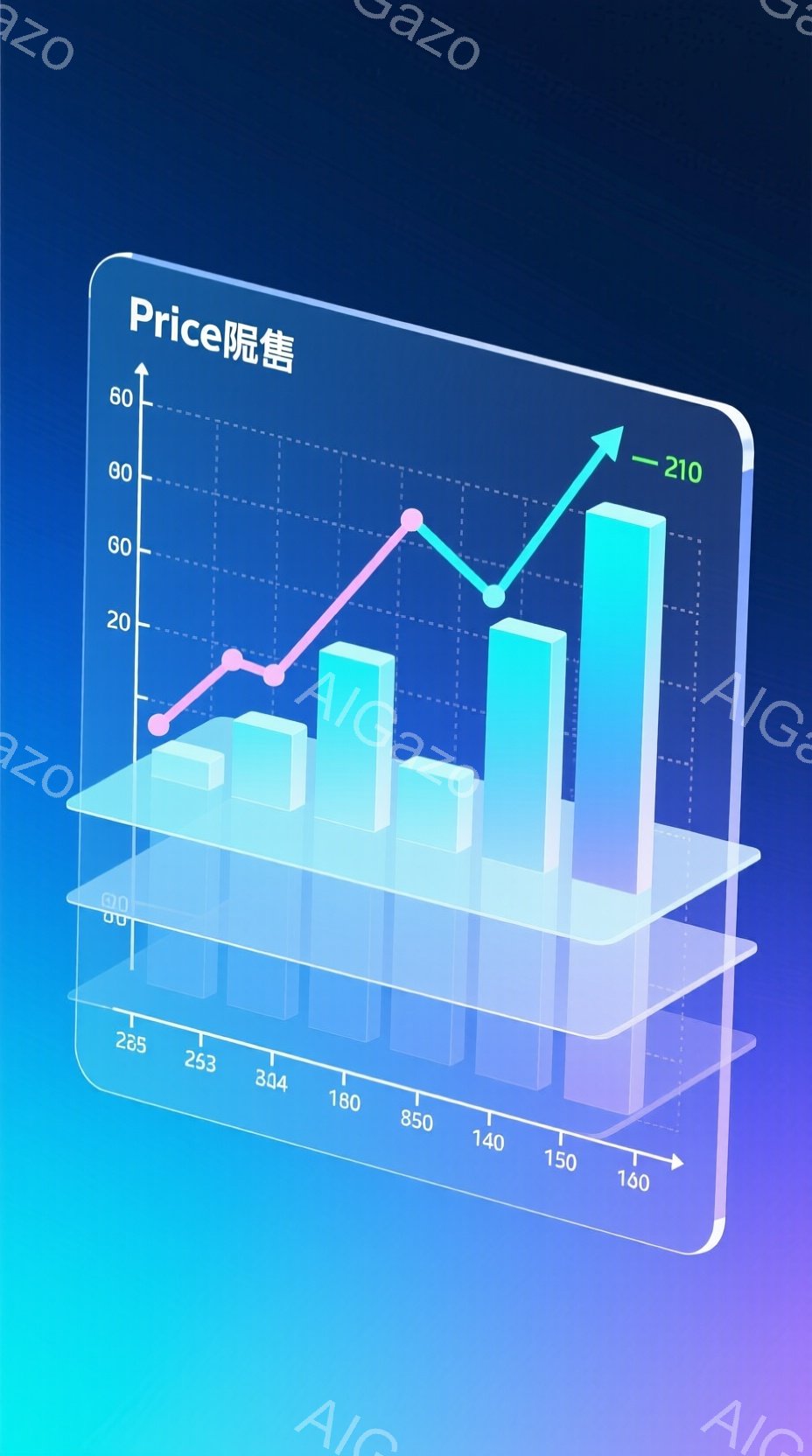 この画像は、青と紫の色合いで表現された棒グラフと折れ線グラフが組み合わさった3Dの視覚表現です。棒グラフは様々な高さを示し、折れ線グラフは右肩上がりのトレンドを示しており、全体的にポジティブな成長と発展を暗示しています。背景はグラデーションがかかっており、全体的に現代的で洗練された印象を与えます。