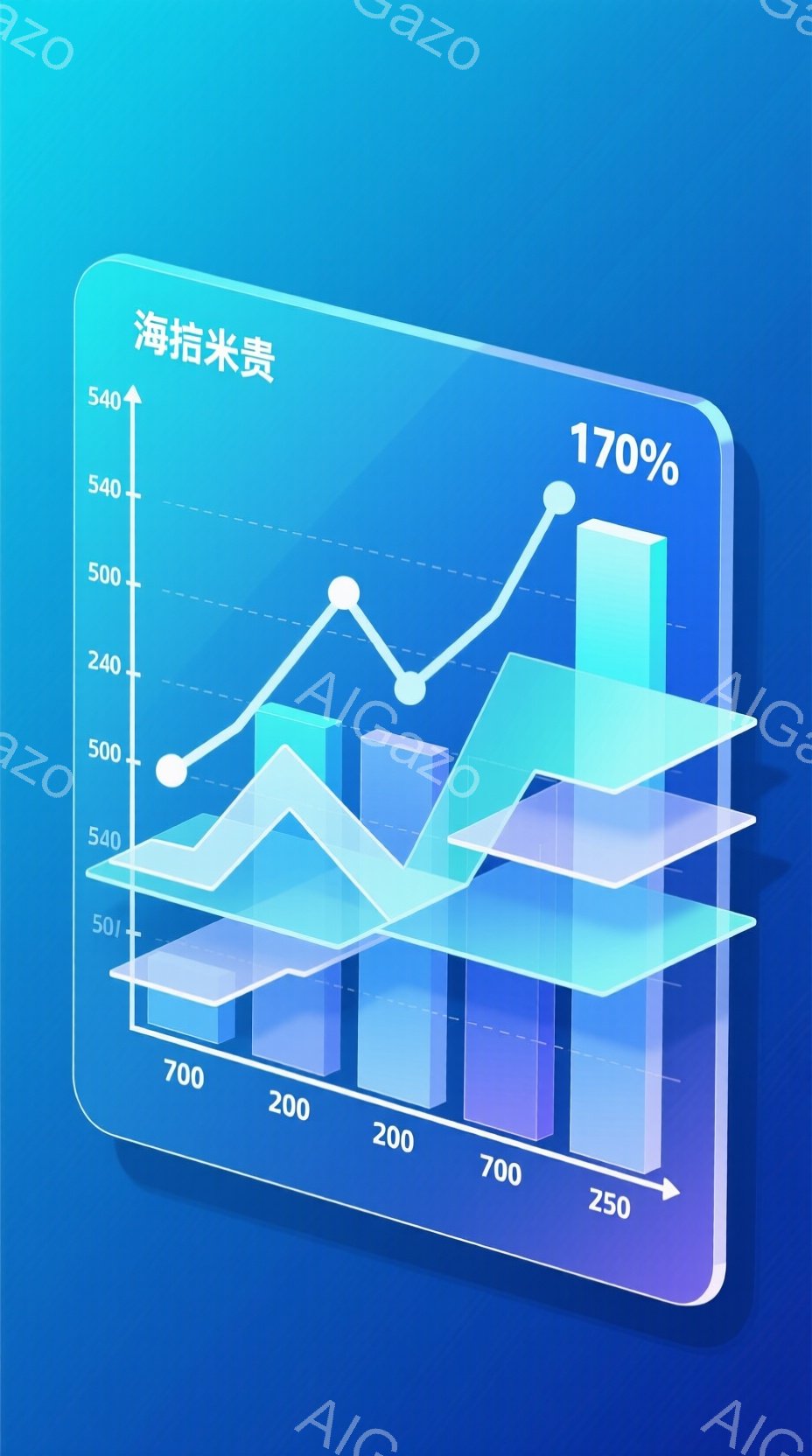 この画像は、青を基調とした3Dグラフのイラストです。棒グラフと折れ線グラフが重ねられ、データ分析や成長の様子を示唆しています。背景はグラデーションで、全体的に未来的な雰囲気です。