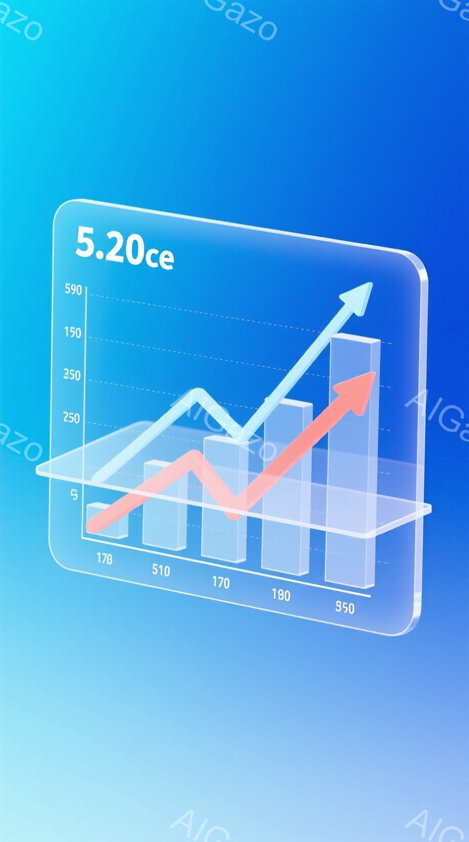 この画像は、青色のグラデーション背景に浮かぶ、棒グラフの3Dイラストレーションです。グラフは右肩上がりの成長を示しており、赤い矢印がそれを強調しています。数値ラベル（170、180、510、250、590）と「5.20ce」というテキストがグラフと背景上に表示されています。