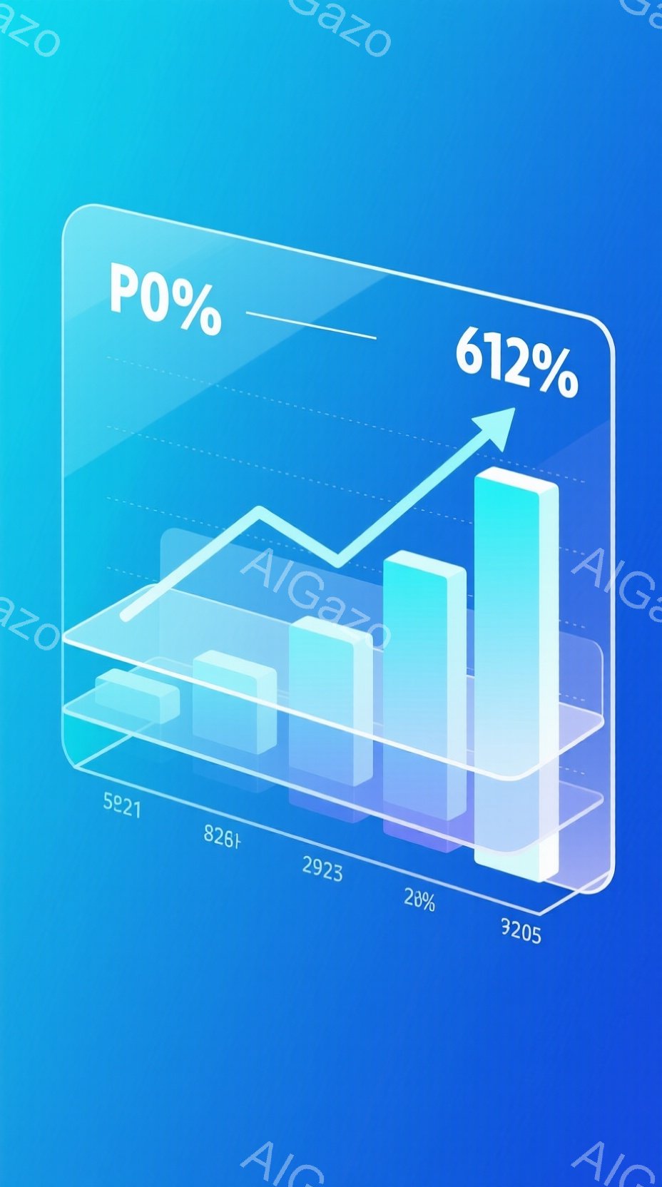 この画像は、青色のグラデーション背景に、上昇傾向を示す棒グラフが描かれています。グラフは透明感のある立方体で構成され、数値「5261」「8261」「2923」「20%」「3205」が各棒の下に表示されています。グラフの上部には「0%」と表示され、右上に矢印と共に「612%」が表示されており、成長や増加を表しているようです。