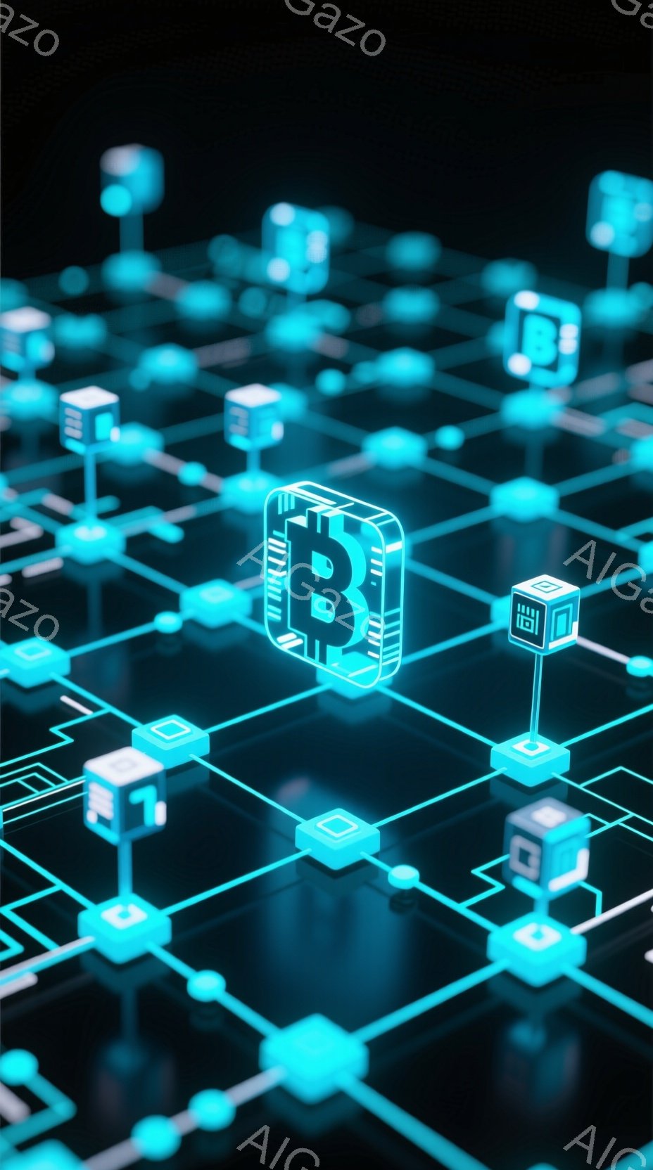 この画像は、暗い背景に青色の光る線で接続された、さまざまな立方体とシンボルで構成されたネットワークを示しています。中央には、ビットコインのシンボル「B」が強調された立方体が大きく表示されています。全体 - AI生成フリー素材