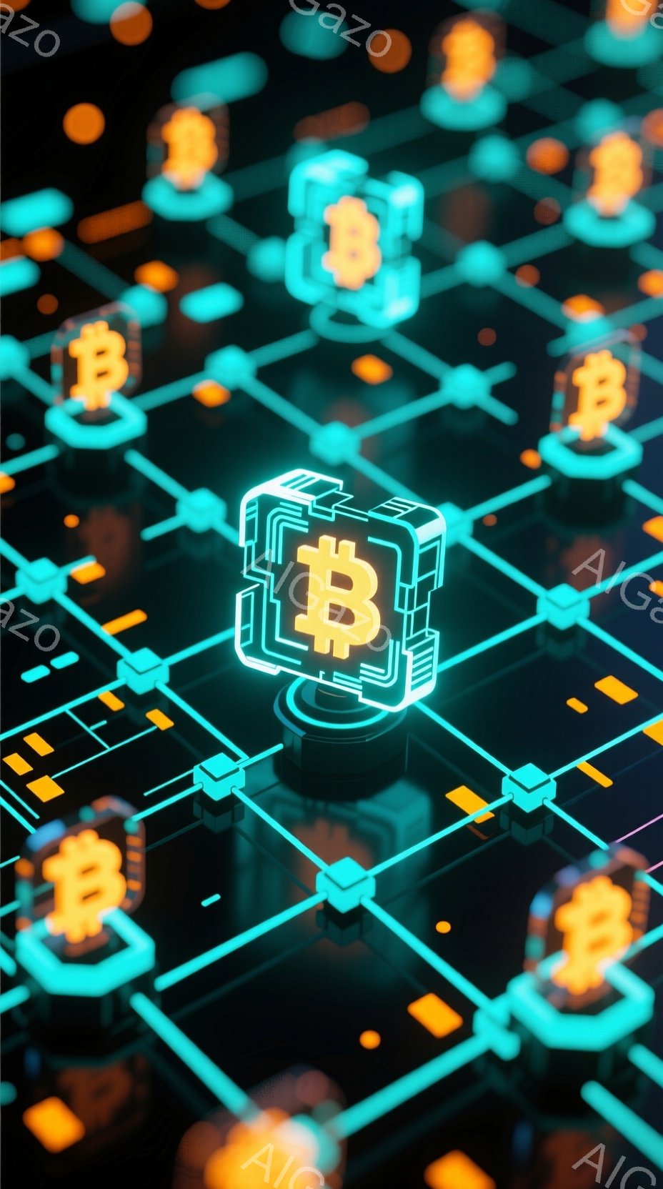 この画像は、暗い背景に浮かぶビットコインのアイコンと、それらをつなぐ複雑な回路のようなネットワークで構成されています。アイコンはネオン調の明るいオレンジ色とターコイズブルーで光り、未来的な印象を与えま - AI生成フリー素材