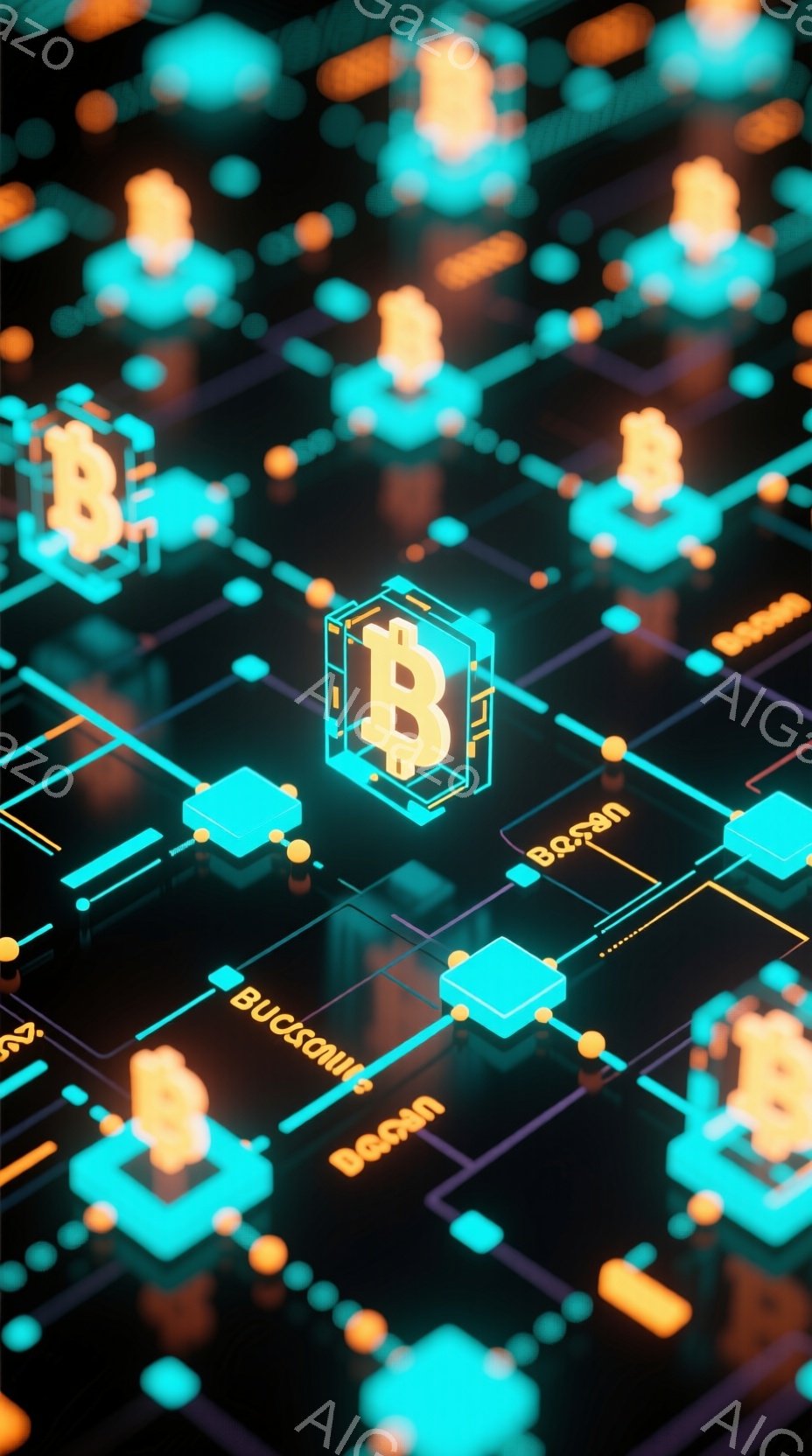 この画像は、暗い背景に配置された、未来的な配線と接続で構成されたネットワークを描いています。明るいオレンジと青色の光を発するビットコインのアイコンが、ネットワークの中心に配置され、他の多くの小さなアイ - AI生成フリー素材