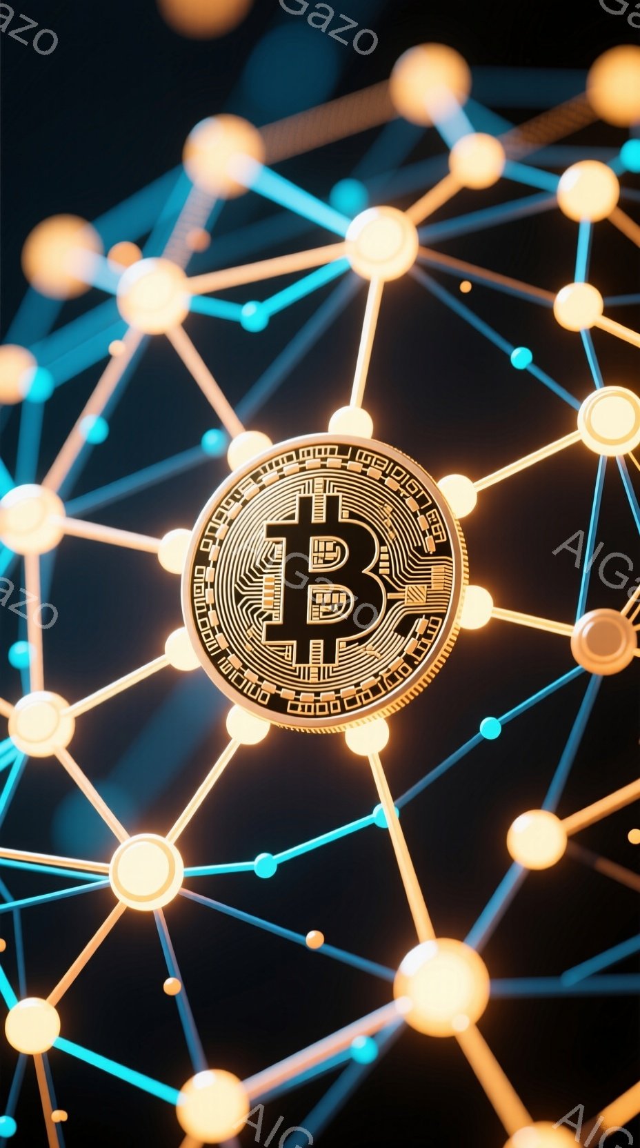 この画像は、暗い背景に輝くビットコインのアイコンが中央に配置され、細い光の線で接続された多数の光る球体で構成されたネットワーク上に浮かんでいます。ビットコインのアイコンは金色の縁取りで、その中心には白 - AI生成フリー素材