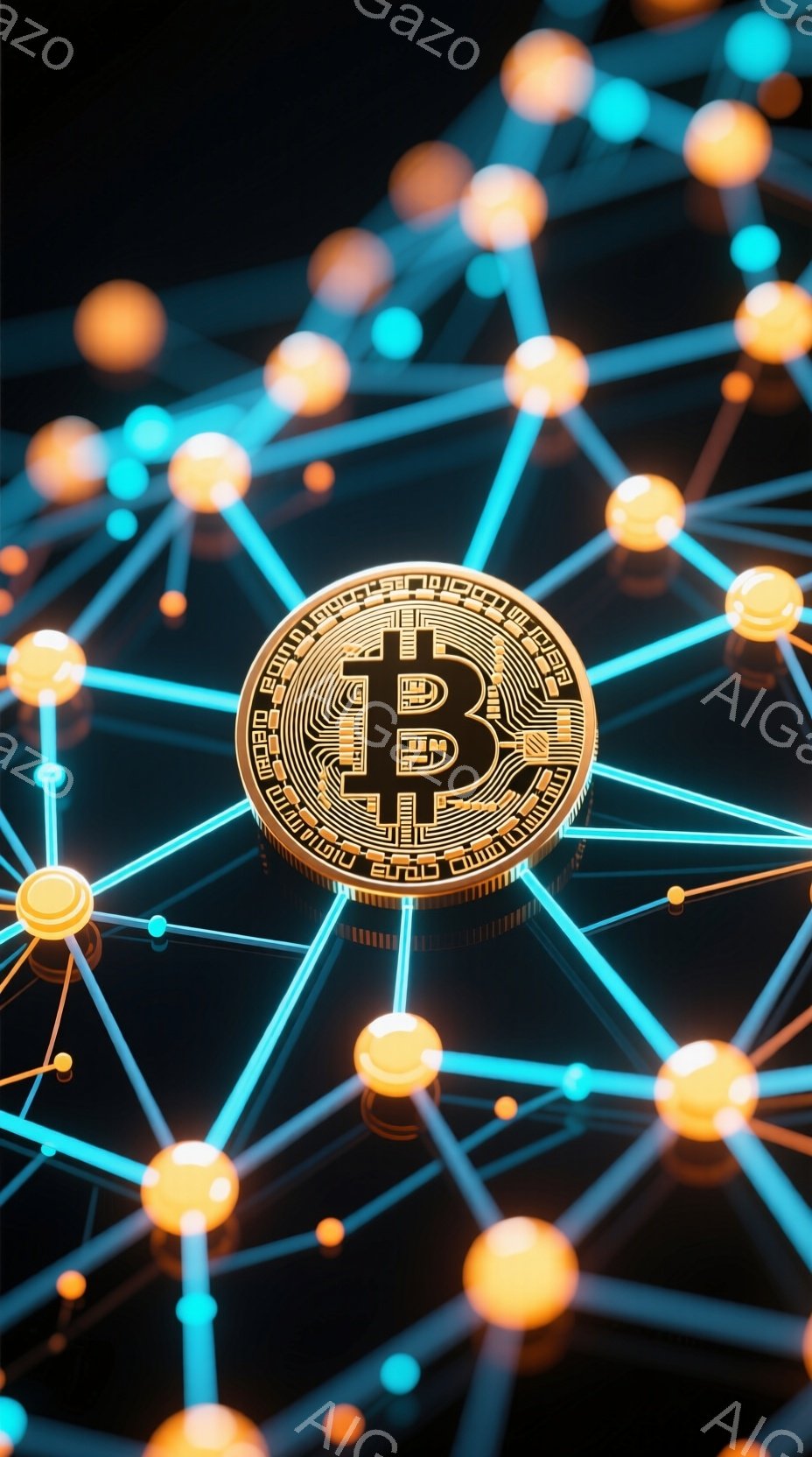 この画像は、暗い背景に、光るオレンジ色の球体と青い線で構成されたネットワークが描かれています。中央にはビットコインのシンボルが配置されており、デジタル通貨やブロックチェーン技術を連想させます。全体的に未来的な雰囲気で、接続性とセキュリティを強調しているように見えます。