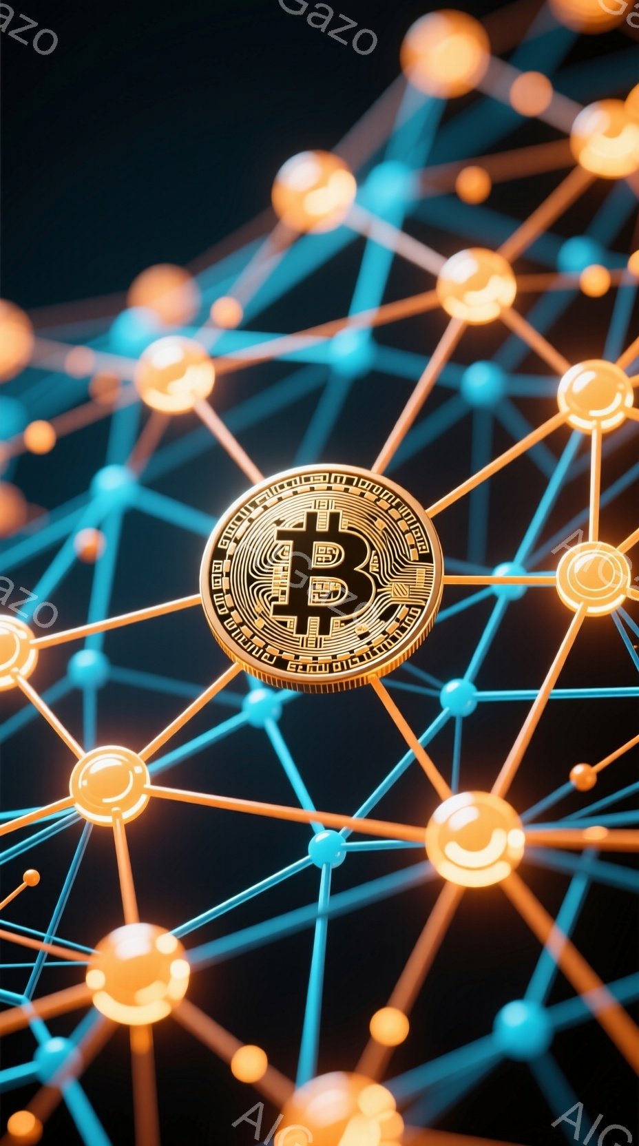 この画像は、暗い背景にビットコインのシンボルが中央に配置され、周りにオレンジ色の球体が接続された青い線で構成されたネットワークが広がっています。球体と線は複雑な繋がりを示唆しており、ビットコインとブロ - AI生成フリー素材