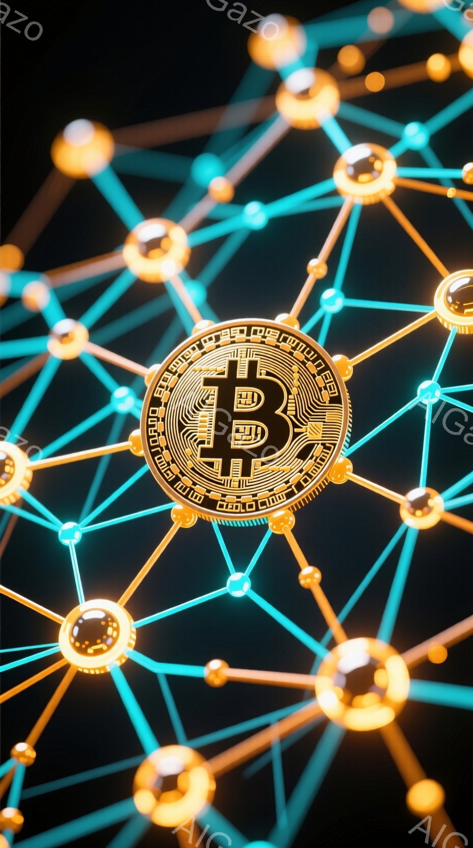 画像は暗い背景に浮かぶビットコインのアイコンを特徴としています。アイコンは金色の複雑なデザインで、接続された金色のノードと青い線で構成されたネットワークの中心に位置しています。全体的な雰囲気は、現代的 - AI生成フリー素材