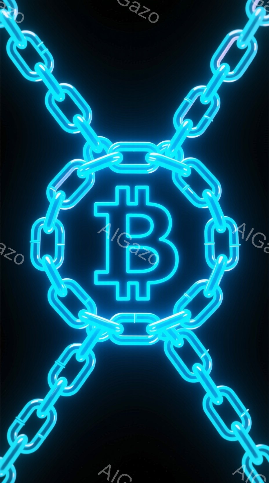 鮮やかな青色の鎖が円を描き、中心にはビットコインのシンボルがネオンライトのように光っています。背景は真っ暗で、鎖とシンボルが際立って見えます。全体として、暗号通貨のセキュリティとつながりを象徴するような、未来的でクールな雰囲気です。