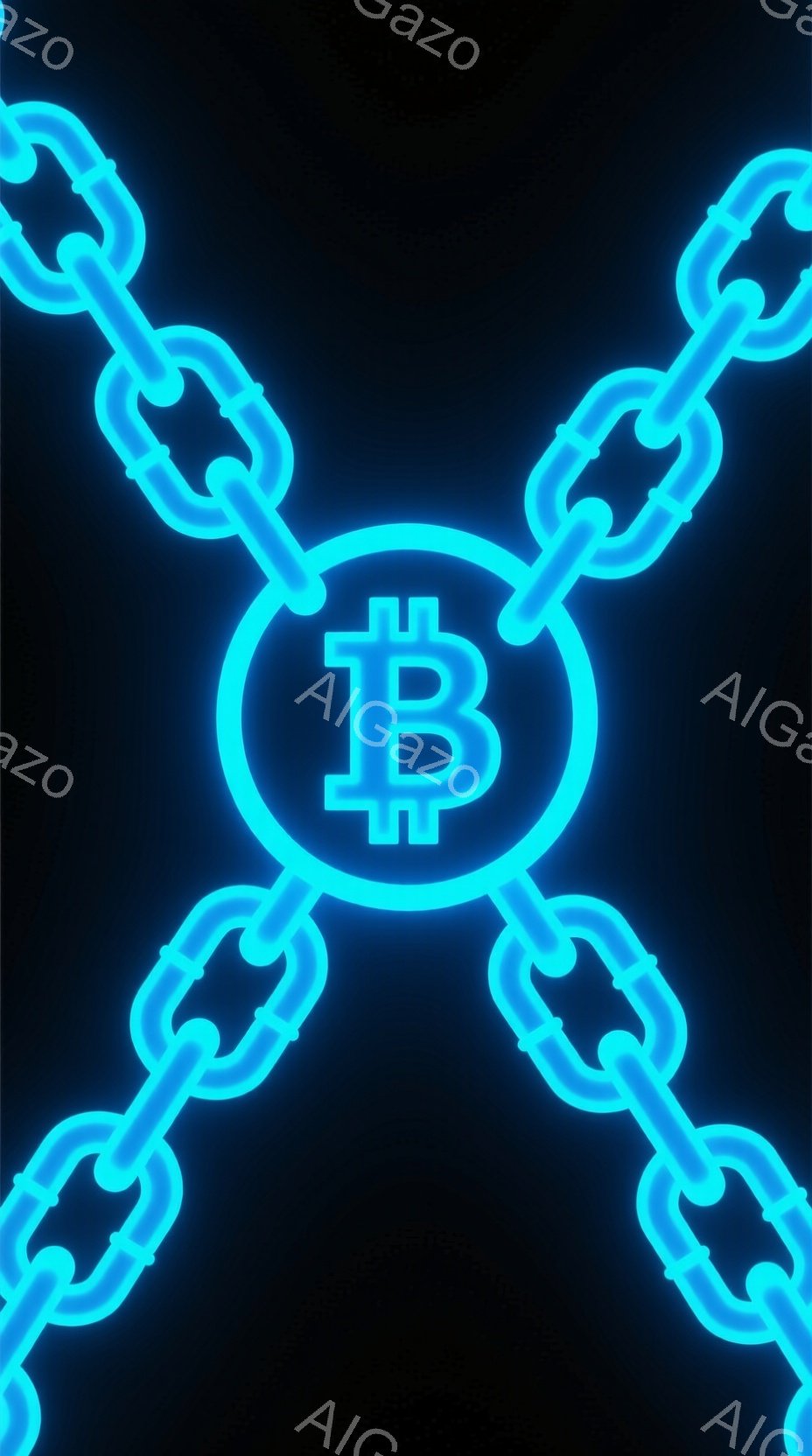 鮮やかなネオンブルーのビットコインマークが、鎖のリンクで構成された背景に浮かび上がっています。鎖はビットコインマークを取り囲み、相互に繋がり、ブロックチェーン技術を象徴しているかのように見えます。 全体的に、未来的な雰囲気で、暗号通貨やデジタル金融に関連する視覚的な表現です。