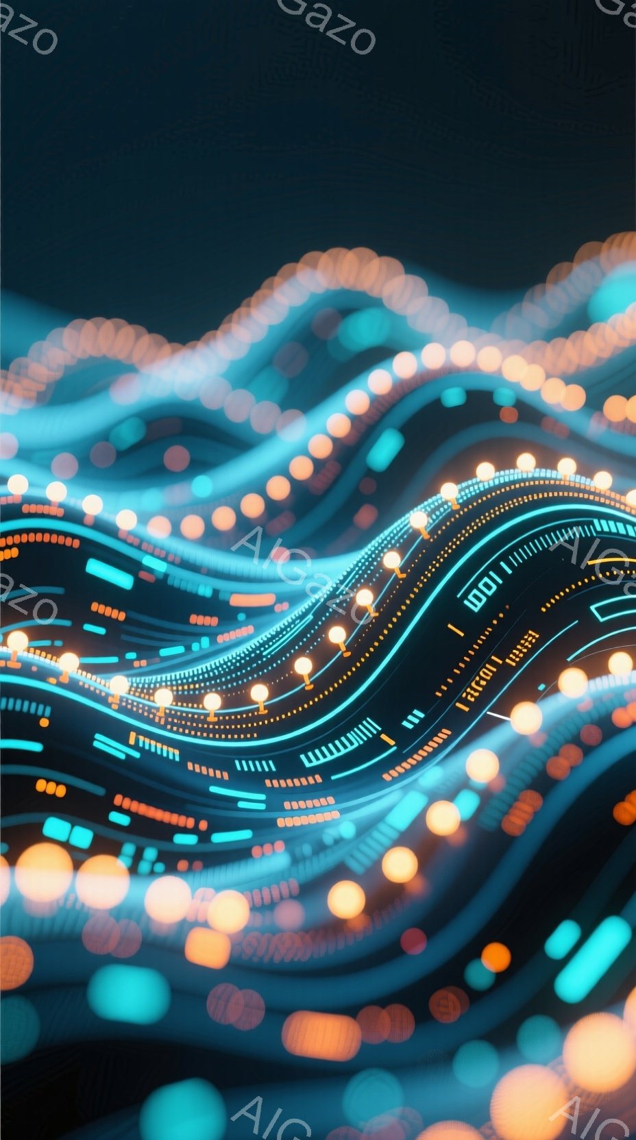 鮮やかなターコイズブルーとオレンジ色の光が渦巻く抽象的なイメージです。光の線は波のように流れており、未来的なデジタル空間を表現しているように見えます。背景は暗く、光の線がより際立って見えます。