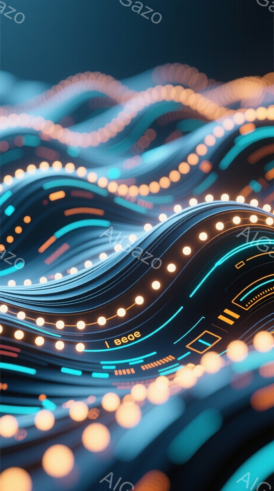 鮮やかなオレンジと青色の光の線が、うねる波のように流れています。点在する光の玉は、まるでエネルギーの流れを視覚化したかのようです。背景は暗く、光の軌跡が際立って、未来的なテクノロジーを感じさせる雰囲気です。