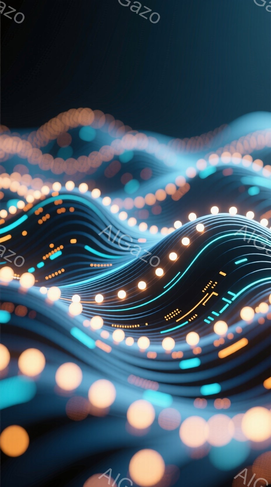 鮮やかな青色の線が波状にうねり、背景は暗いグレーから黒へとグラデーションしている。無数の明るいオレンジ色の光球が線に沿って散りばめられ、光の軌跡のような幻想的な印象を与える。全体的に未来的なテクノロジ - AI生成フリー素材