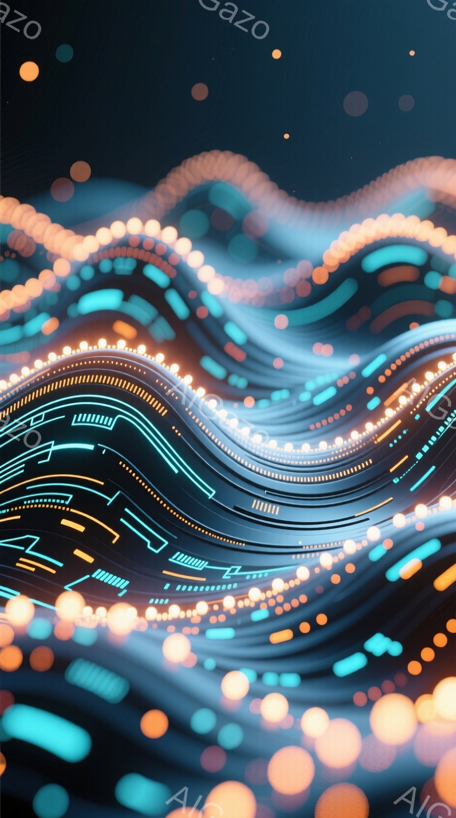 鮮やかな青とオレンジの光の線が渦巻く抽象的なイメージです。線は未来的な回路やエネルギーの流れを連想させ、背景は暗くぼやけており、光の線が際立っています。 全体的に、テクノロジー、エネルギー、そしてデジ - AI生成フリー素材