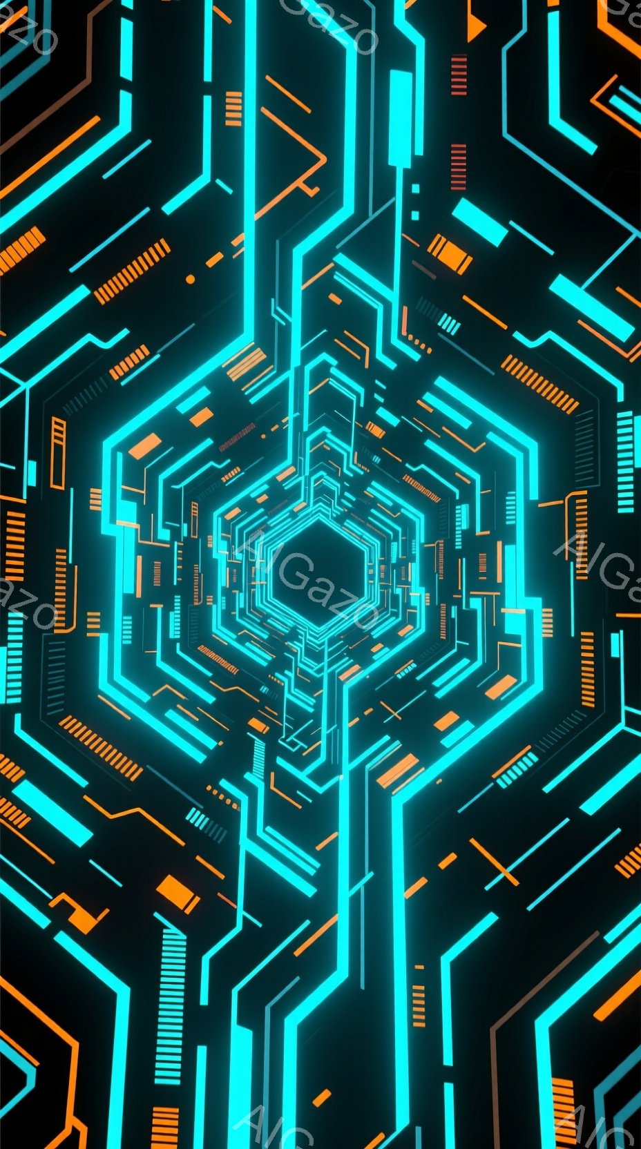 この画像は、中心に向かって収束するネオンカラーの六角形構造が特徴的なデジタルアート作品です。鮮やかなターコイズブルーとオレンジ色のラインが、未来的な回路や迷路のようなパターンを形成しており、無限に続く空間の錯覚を生み出しています。全体的にクールでサイバーパンクな雰囲気が漂い、テクノロジーとアートが融合したような印象を与えます。