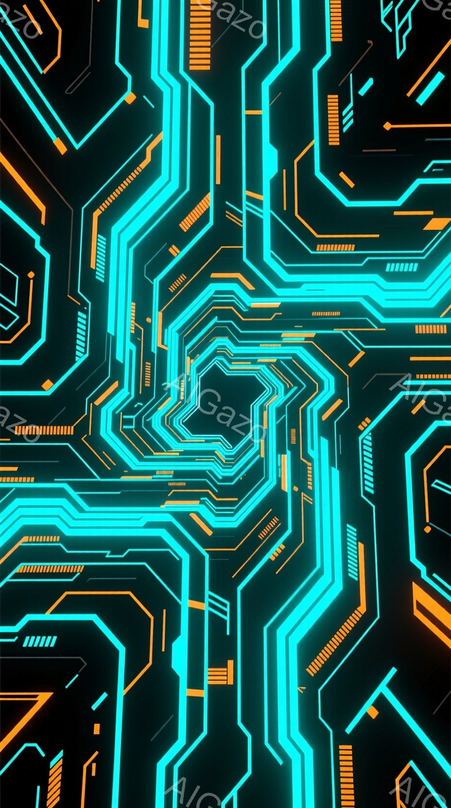この画像は、ネオンブルーとオレンジの線が複雑に絡み合い、未来的な回路や迷路のようなパターンを形成しています。中心に向かって線が収束し、奥行きと動きの錯覚を生み出し、全体的にサイバーパンクやデジタル世界 - AI生成フリー素材