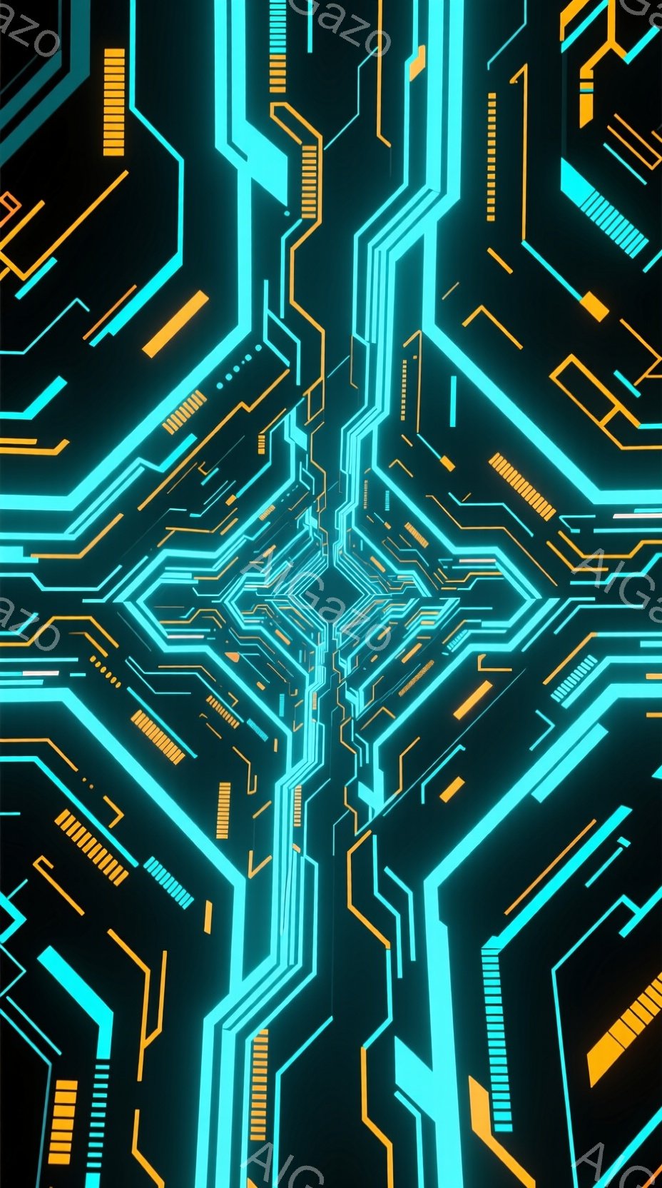 この画像は、鮮やかなターコイズブルーとオレンジ色の発光する線が複雑に絡み合い、サイバーパンク風のトンネルのような視覚効果を生み出しています。幾何学的なパターンが中心から放射状に広がり、未来的な回路やネットワークを連想させるデザインです。暗い背景が発光する線を強調し、没入感のある、技術的な雰囲気を醸し出しています。