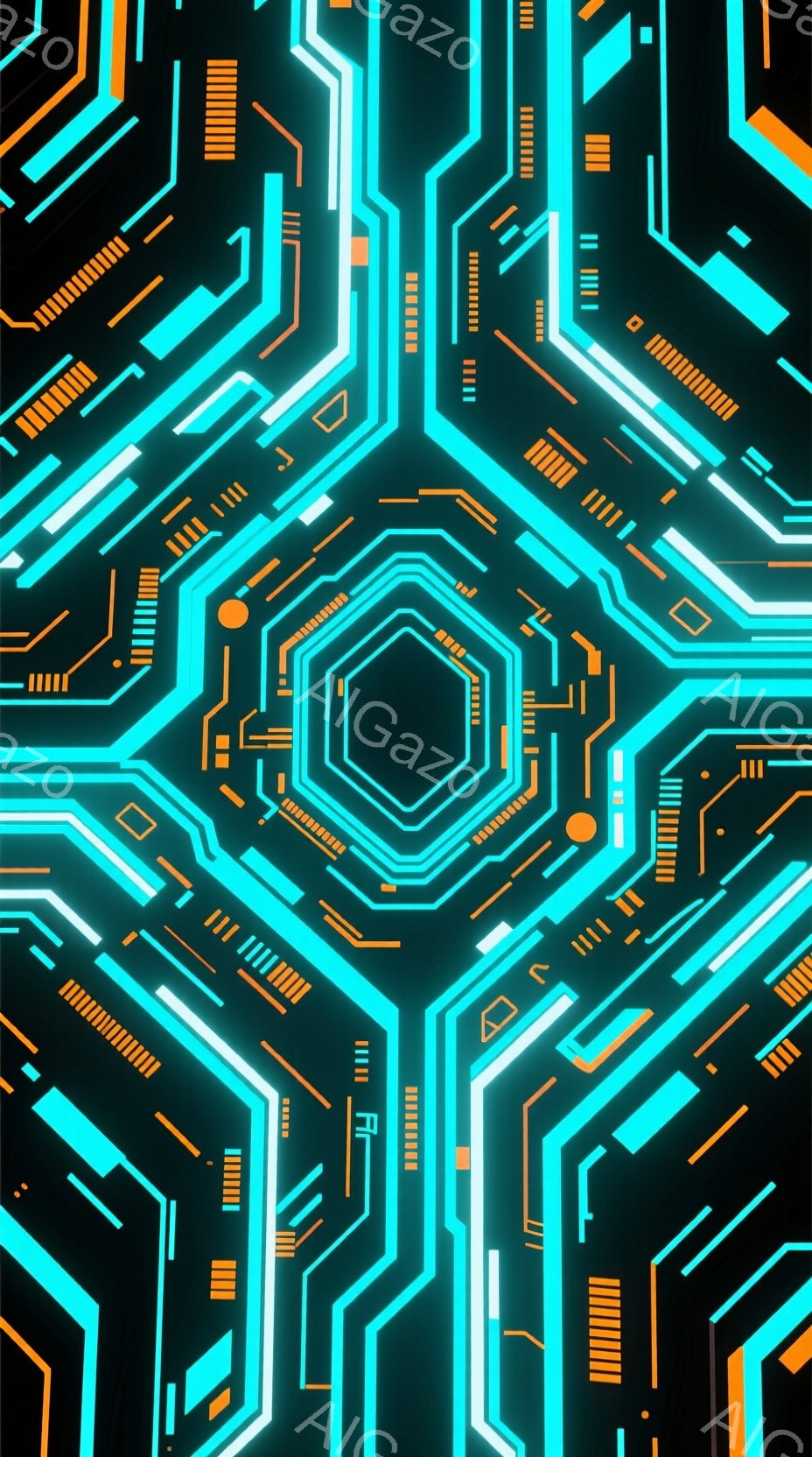 鮮やかな緑色の背景に、オレンジ色のラインが複雑に絡み合った幾何学模様が描かれています。中心に向かって複数の六角形が同心円状に配置され、サイバーパンクまたは未来的な回路基板を思わせるデザインです。全体として、高科技でエネルギッシュな雰囲気が漂っています。