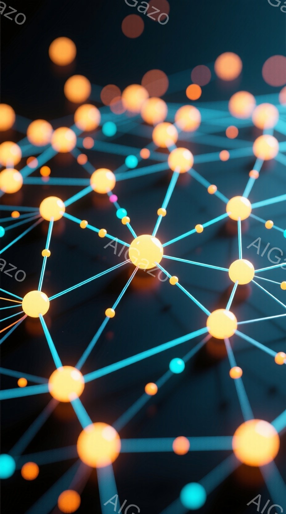 鮮やかなオレンジ色の球体が、細い青い線で複雑に繋がれたネットワークを形成しています。球体は様々な大きさと明るさで、奥行きのある視覚効果を生み出しており、まるで宇宙空間や分子構造を想起させます。背景は暗く、ネットワークの光が際立っており、未来的な雰囲気を醸し出しています。