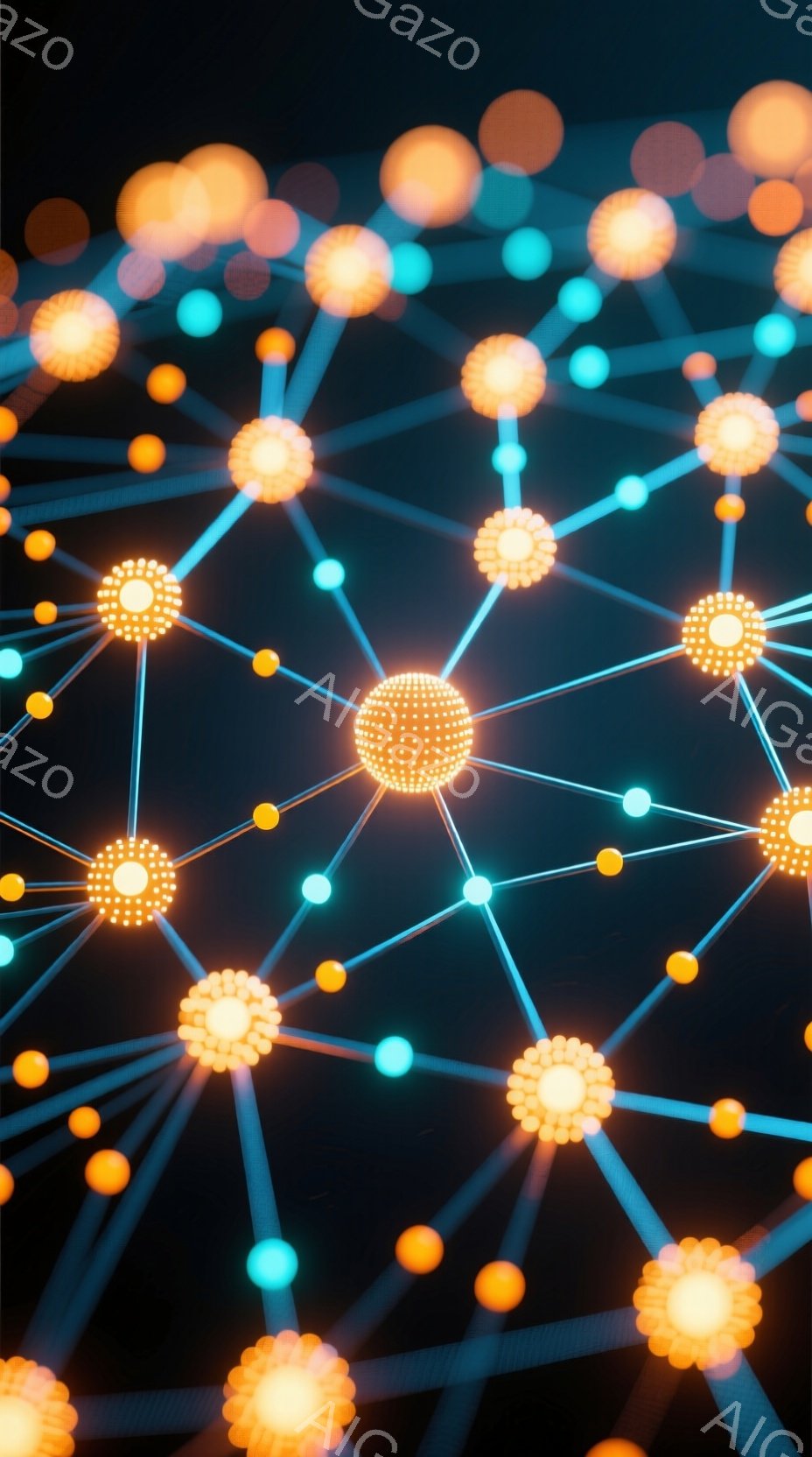 暗い背景に、多数の光る球体が線で繋がれたネットワークが広がっている。球体はオレンジ色や黄色を基調とし、サイズに変化があり、一部はより明るく輝いている。この構成は、まるで神経細胞や複雑なデジタルネットワ - AI生成フリー素材