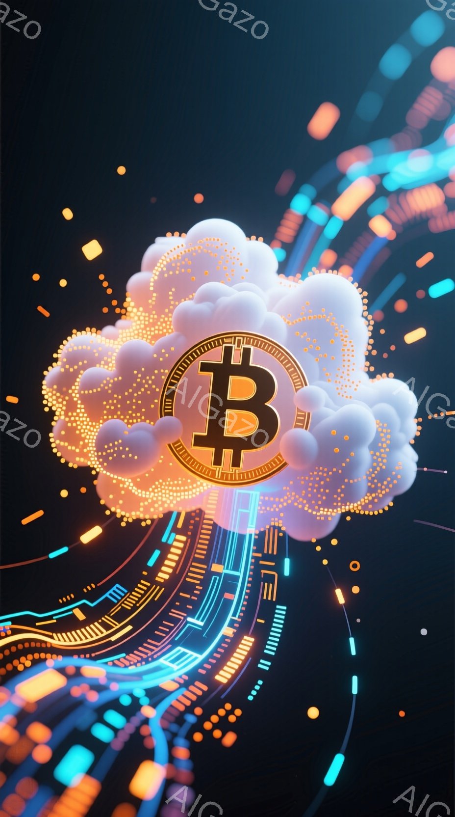画像は、ビットコインのロゴが中央に配置された抽象的なデジタル背景です。ロゴは雲のような光の塊の中にあり、その周りにはさまざまな色の光の線が放射状に広がっています。全体的に、未来的なテクノロジーと金融の - AI生成フリー素材