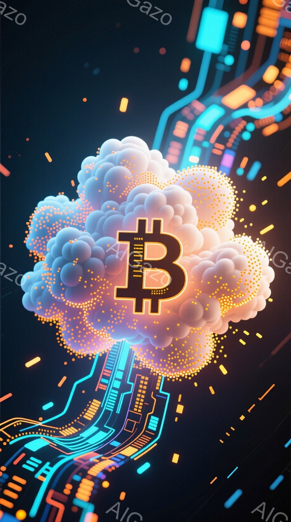 画像は、暗い背景に輝くビットコインのアイコンが中央に配置されており、アイコンの周囲にはオレンジ色の粒子が散りばめられ、まるで爆発しているかのような表現です。背景には、青とオレンジのネオンのような線が複 - AI生成フリー素材