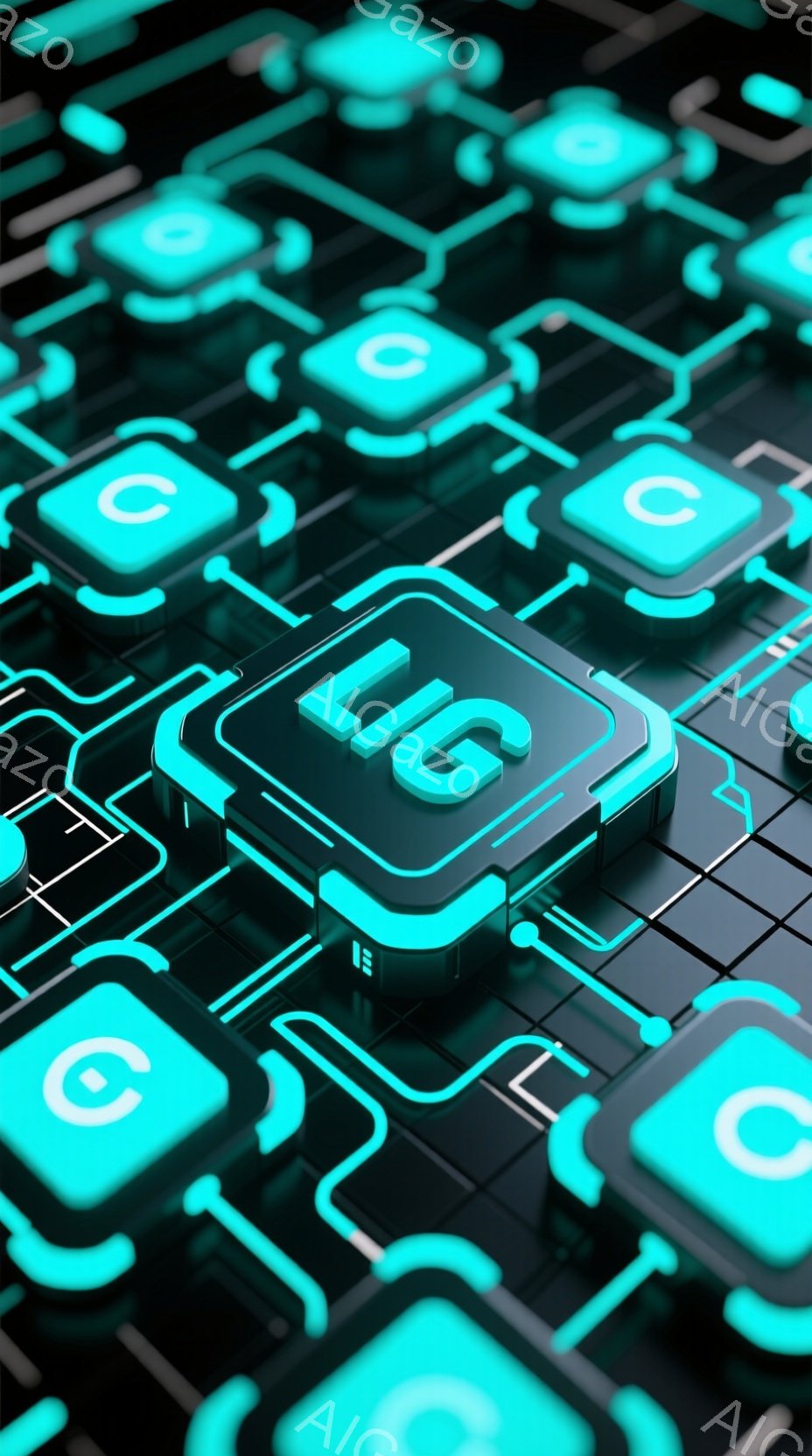 この画像は、暗い背景に配された電子回路のようなパターン上に、「LIG」と書かれた青い光るキューブが焦点として配置されている様子を表している。周囲には「C」と書かれた同様のキューブが散りばめられ、未来的 - AI生成フリー素材