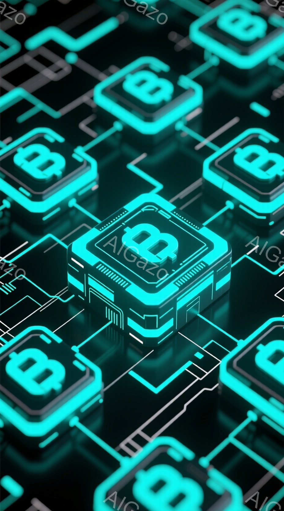 この画像は、緑色の光沢のある背景に、ネオン調の「B」のロゴが描かれた立方体が幾何学的に配置されたものです。 立方体は未来的なデザインで、光沢のある表面と精密なラインが特徴であり、技術的な雰囲気と洗練された印象を与えます。 全体的に、ハイテクで現代的なデジタルアート作品として表現されています。