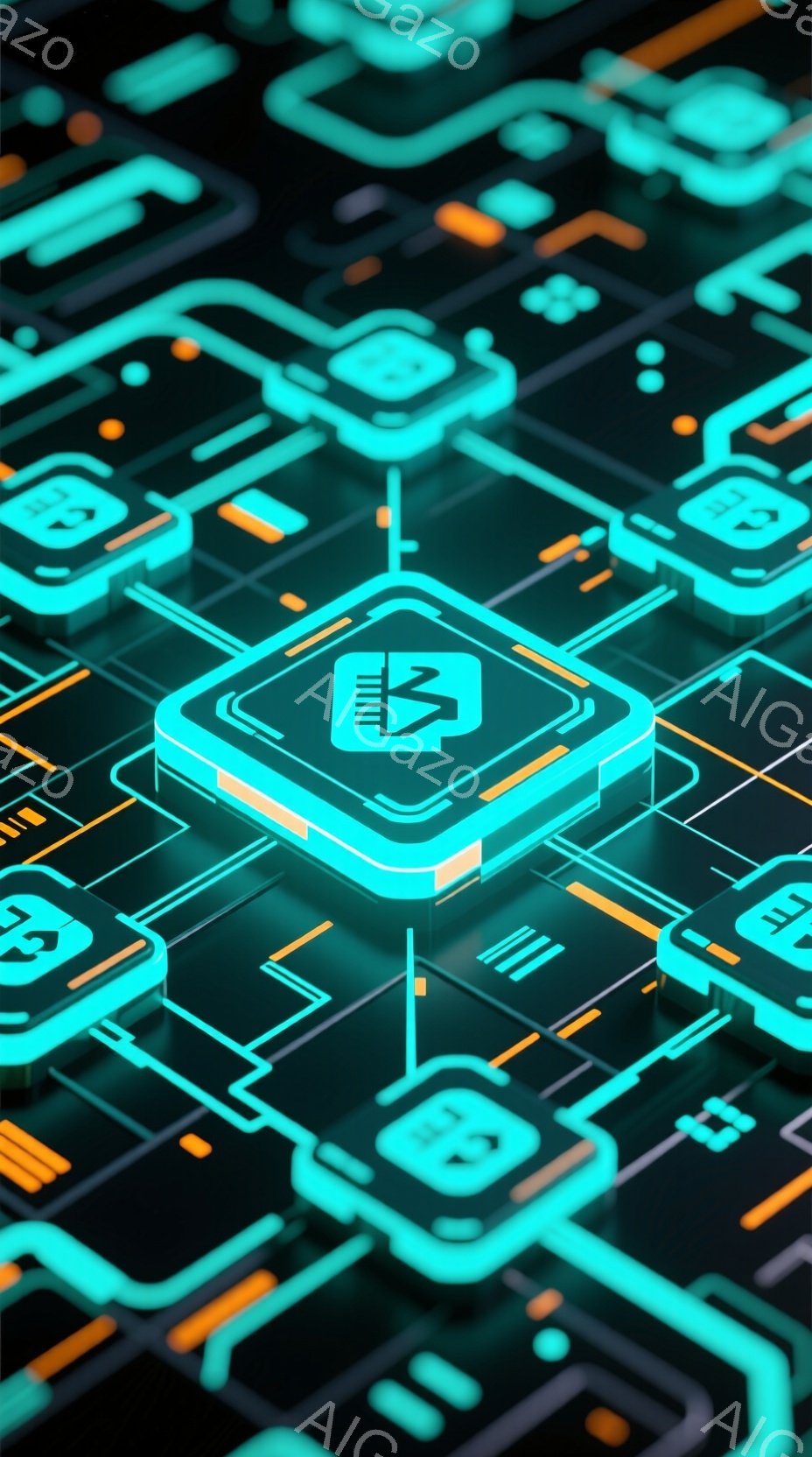 この画像は、鮮やかなターコイズブルーとオレンジ色の配線が複雑に絡み合った未来的な回路基板を表現しています。等間隔に配置された四角形のノードが、接続線によって結ばれ、立体的な奥行きを作り出しています。全体的に、クールでテクノロジー感あふれる雰囲気が漂っています。