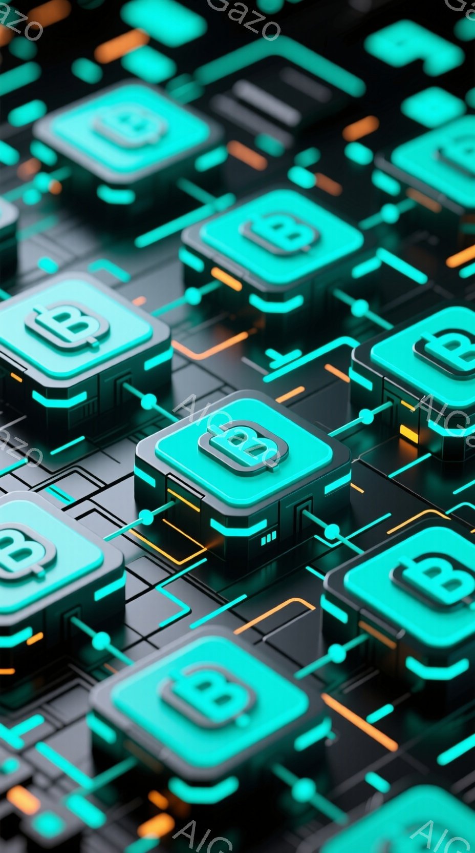 この画像は、暗い背景に配置された、明るいターコイズブルーの「B」のロゴが繰り返し並んだ様子を描いています。ロゴは立体的なキューブ状で、オレンジ色の線と接続ポートで結ばれ、回路基板のような印象を与えます - AI生成フリー素材