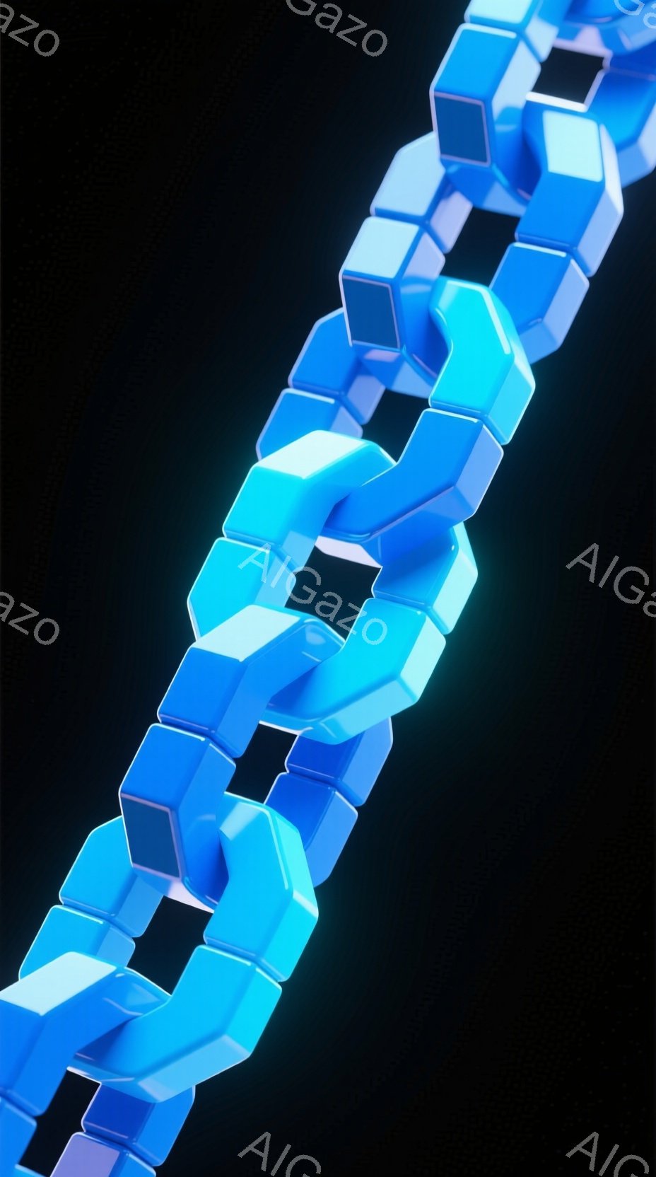 この画像は、鮮やかな青色の幾何学的な鎖のクローズアップです。各リンクは立方体と多角形の組み合わせで構成され、光沢のある表面が特徴的です。背景は完全に黒く、鎖の形状と青色の輝きを際立たせています。