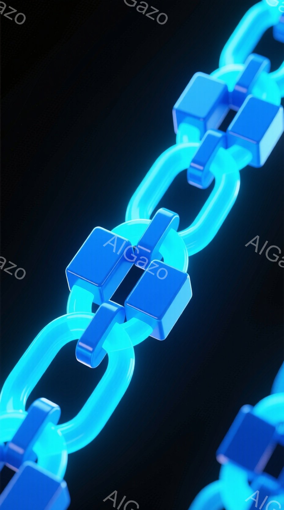鮮やかな青色のチェーンが、暗い背景の中に浮かび上がっています。チェーンのリンクは丸みを帯びた形状と角張った形状が交互に組み合わされており、光沢があり、未来的な印象を与えます。全体的に、シンプルながらも洗練された、テクノロジーを感じさせる雰囲気です。